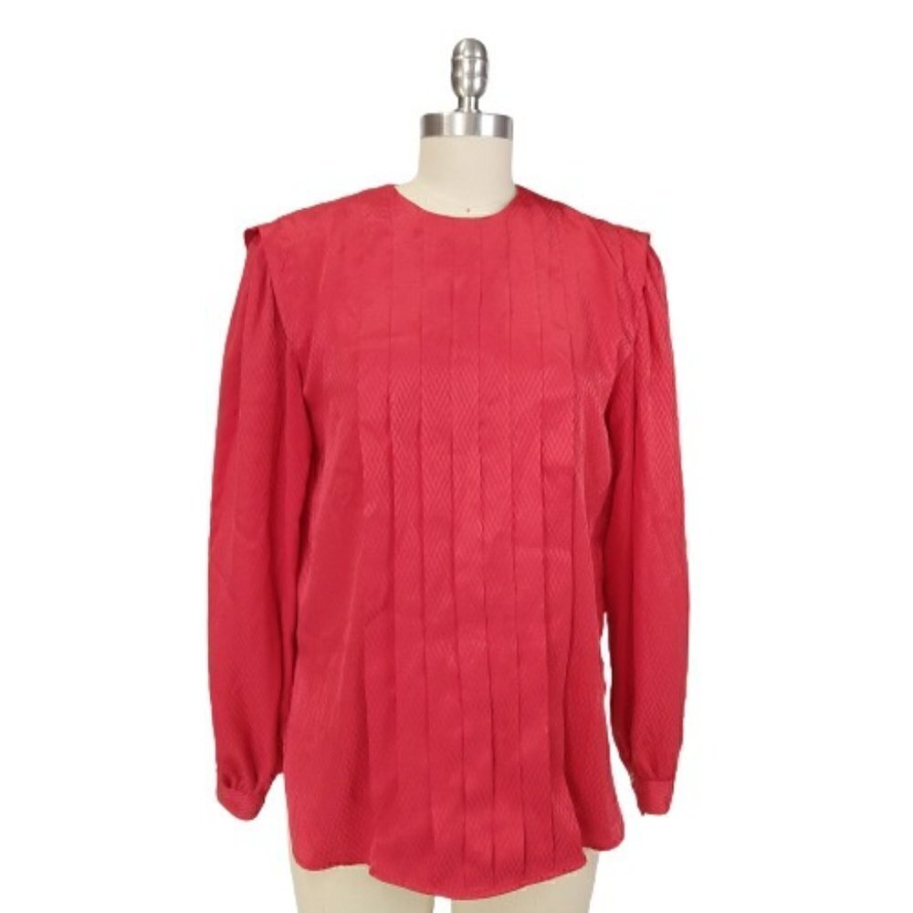 Vintage 80's Halston III Red Pleat Front Blouse Top Size S Button Back Long Slv
